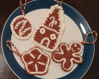 Crocheted Gingerbread Christmas Ornaments Set of 4 cookies gingerbread house gingerbread man