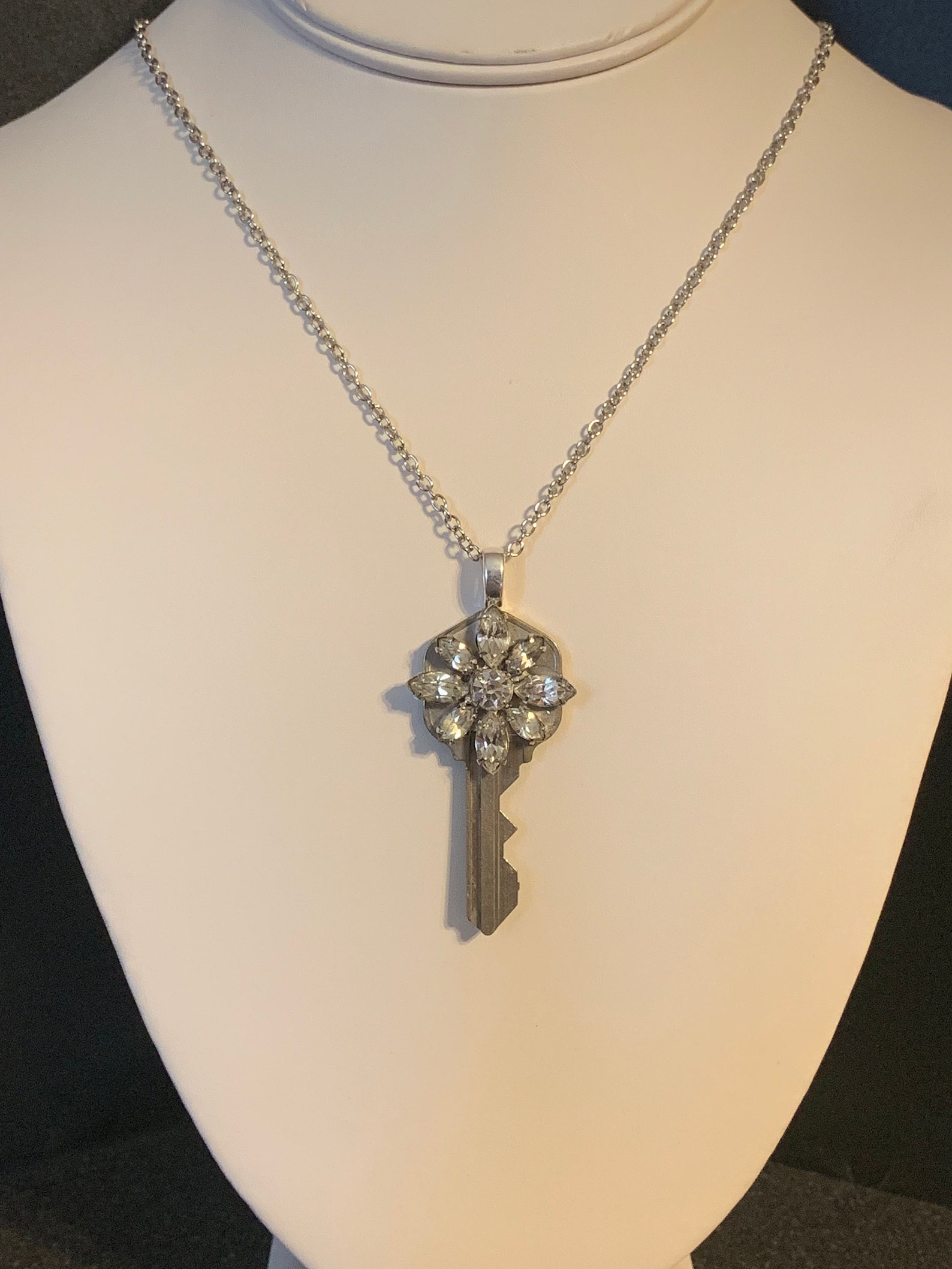 Rhinestone Flower on Key Necklace Etsy Ireland