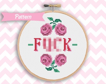 F**ck adult subversive cross stitch PDF mini pattern, floral, dainty roses