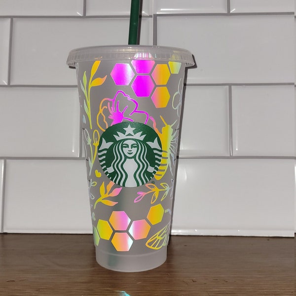 Bee & Flower Cold Cup | Holographic Tumbler | Peony | Beehive | Cold Cup | Name Placement | Handmade to Order