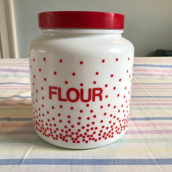 Milk Glass Flour Jar. red, white polkadot print. Retro decorative kitchen.