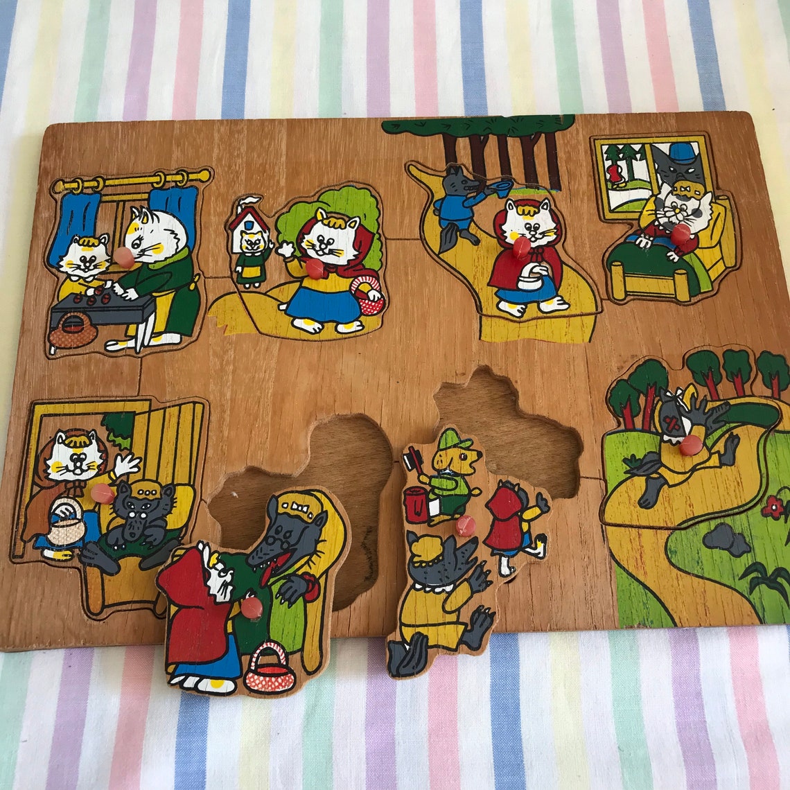 Vintage wooden peg puzzle. Richard Scarry style. Etsy