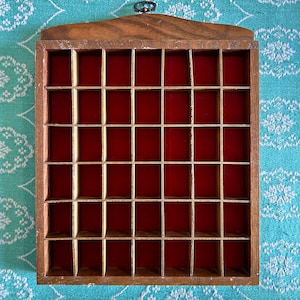 Wooden hanging knick knack display shelf!thimble house.wall.shelfie.miniature things. Printers tray mini. red velvet