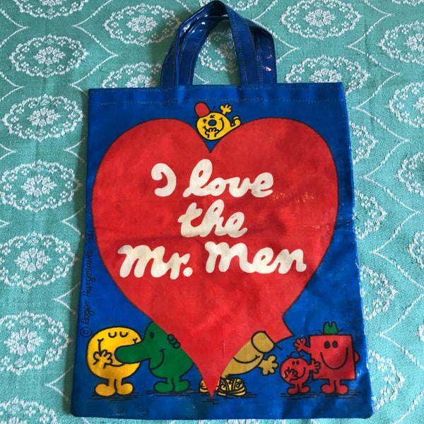 Mr Men oil cloth bag.mr happy. Roger Hargreaves. Shopping bags. I love the Mr Men. 1981. Rare. Collectible