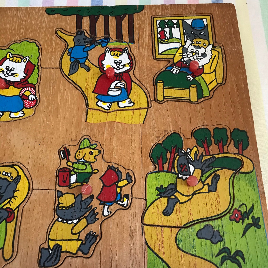 Vintage wooden peg puzzle. Richard Scarry style. Etsy