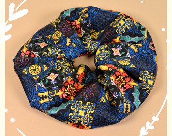 XL silk scrunchie with a Sicilian-inspired pattern. Large hair tie.