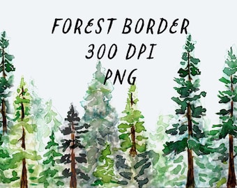 Watercolor Forest Border, Hand Painted Tree Border (300 dpi PNG)