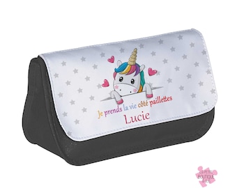 Trousse personnalisée avec prénom motif licorne - Trousse enfant école -