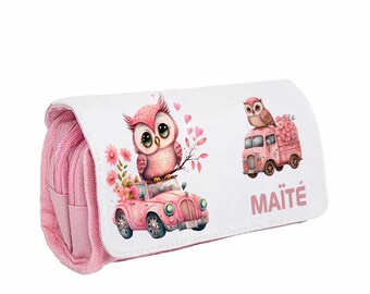 Trousse personnalisée avec prénom motif chouette - Trousse enfant école - Trousse double compartiment - Trousse à crayons rose avec prénom