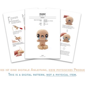 May include: A digital crochet pattern for a small, beige amigurumi toy with a sad expression. The toy is named Isaac and is approximately 3.5 inches tall. The pattern includes instructions for making the toy and a list of materials needed.