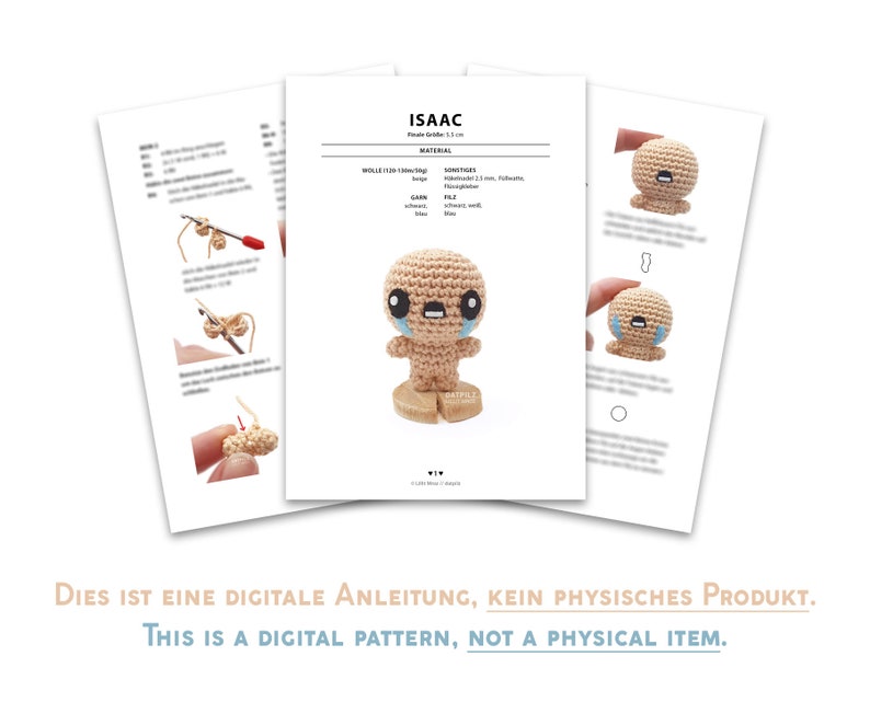 May include: A digital crochet pattern for a small, beige amigurumi toy with a sad expression. The toy is named Isaac and is approximately 3.5 inches tall. The pattern includes instructions for making the toy and a list of materials needed.