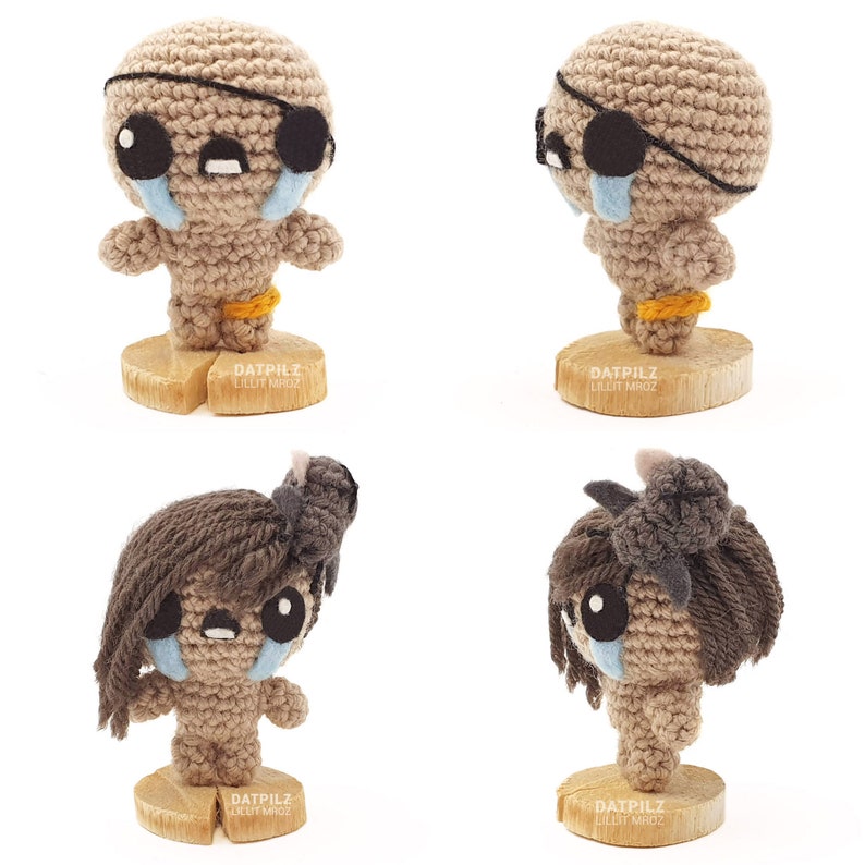 May include: Four crocheted figures with tearful faces. Two figures are standing on wooden bases with the text 'DATPILZ LILIT MR02'. Two figures are standing on wooden bases with the text 'DATPILZ LILIT MR02'.