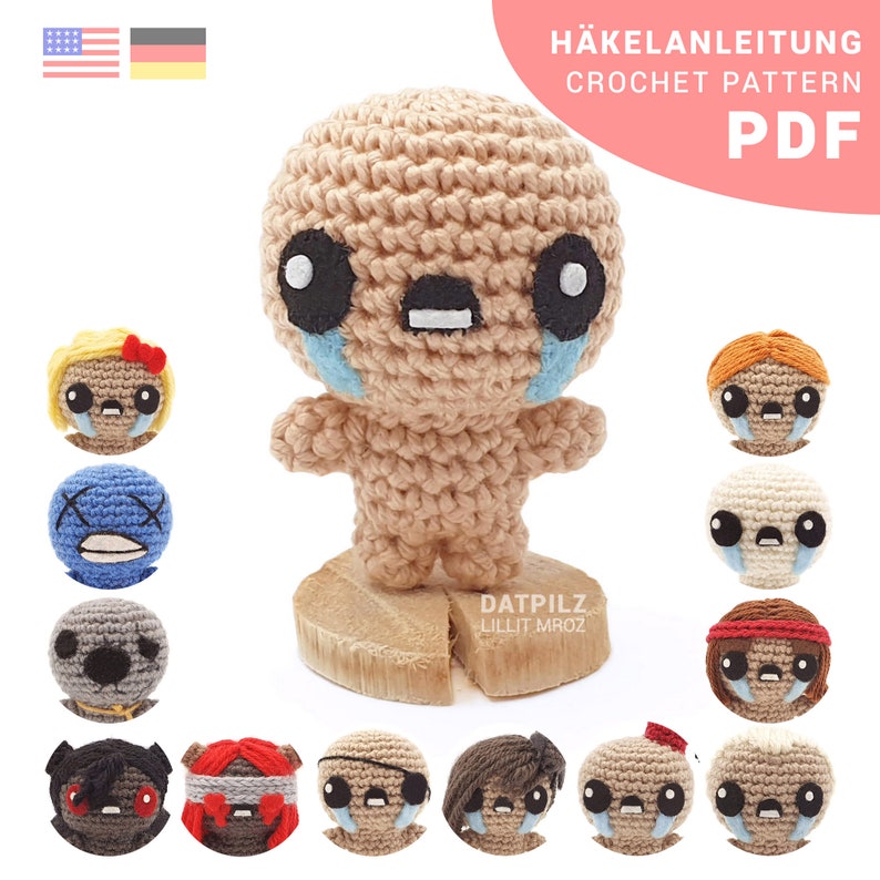 May include: Crochet pattern PDF for making a crying character with different expressions. The pattern is available in English and German. The pattern is by Datpilz Lillit Mroz.