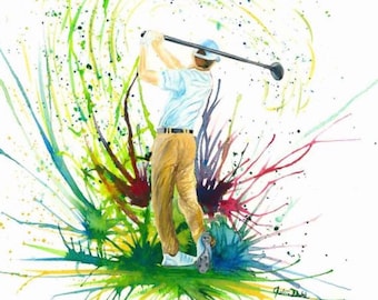 Colorful Golfer Original Watercolor Golfer painting, comes matted and framed