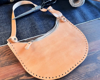 Genuine leather base with zipper for crochet bag Moon, vegetable tanned leather for knitting and crochet shoulder DIY bag, set for handmade