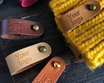 Custom faux leather tags on rivets with personal logo,custom no stitch screwed labels for crochet and knitting items, handmade tags 9x1.5 cm