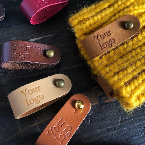 Custom faux leather tags on rivets with personal logo,custom no stitch screwed labels for crochet and knitting items, handmade tags 9x1.5 cm