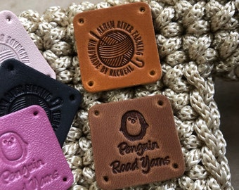 Leather sewn tags for knits and crochet handmade items, personalized custom labels with your own logo, 1 inch tag for knitting hats, labels