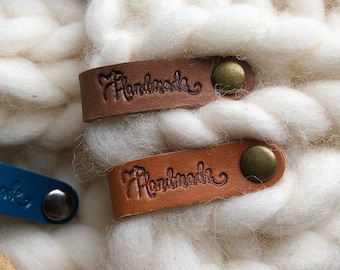 Custom leather tags for clothing, personalized tags on rivets, folded labels for knitting and crochet, handmade clothing labels, tags 8x1 cm