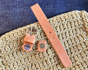 Durable vegetable tanned sewn leather buckle for making bag, DIY Crochet and knitting bags, sewn veg tan fastener for mini bags, bag clasp