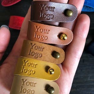 Custom faux leather tags on rivets with personal logo,custom no stitch screwed labels for crochet and knitting items, handmade tags 9x1.5 cm image 2