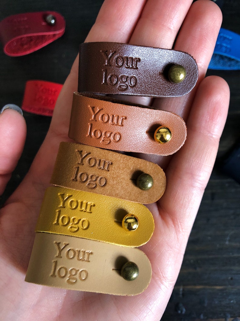 Custom faux leather tags on rivets with personal logo,custom no stitch screwed labels for crochet and knitting items, handmade tags 9x1.5 cm image 2