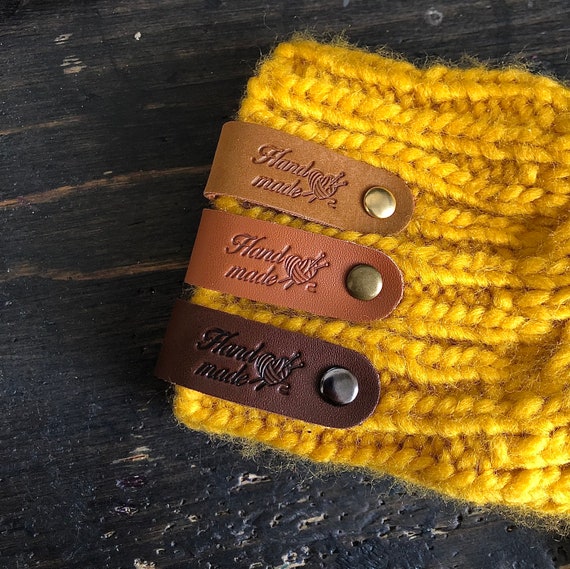 Custom Tags for Knits and Crochet, Faux Leather Labels for Handmade Items,  Leather Tags With Rivets, Tags for Knitted Hats 