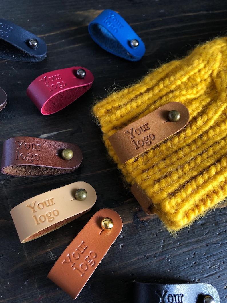 Custom faux leather tags on rivets with personal logo,custom no stitch screwed labels for crochet and knitting items, handmade tags 9x1.5 cm image 1