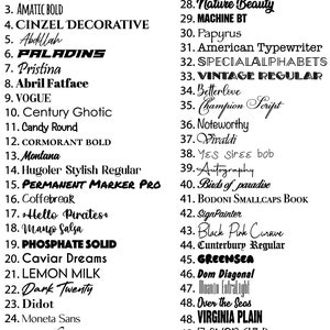 May include: A list of 50 different font names, including Arial,  Paladins, Vogue, and Zapfino. The font names are listed in black text on a white background.