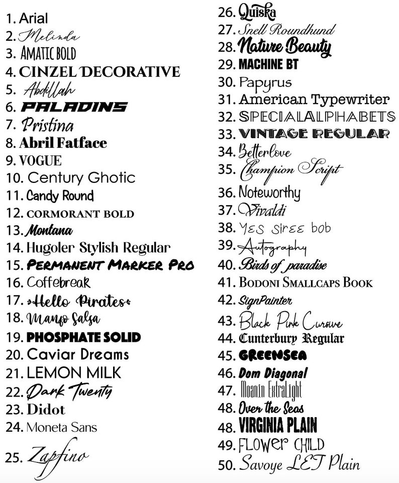 May include: A list of 50 different font names, including Arial,  Paladins, Vogue, and Zapfino. The font names are listed in black text on a white background.