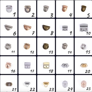 May include: Assortment of 25 metal bag clasps in various finishes, including silver, gold, and rose gold. The clasps are arranged in rows of five, numbered 1 through 25.
