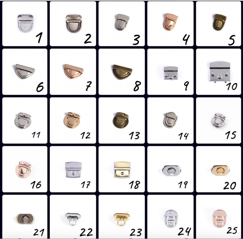 May include: Assortment of 25 metal bag clasps in various finishes, including silver, gold, and rose gold. The clasps are arranged in rows of five, numbered 1 through 25.