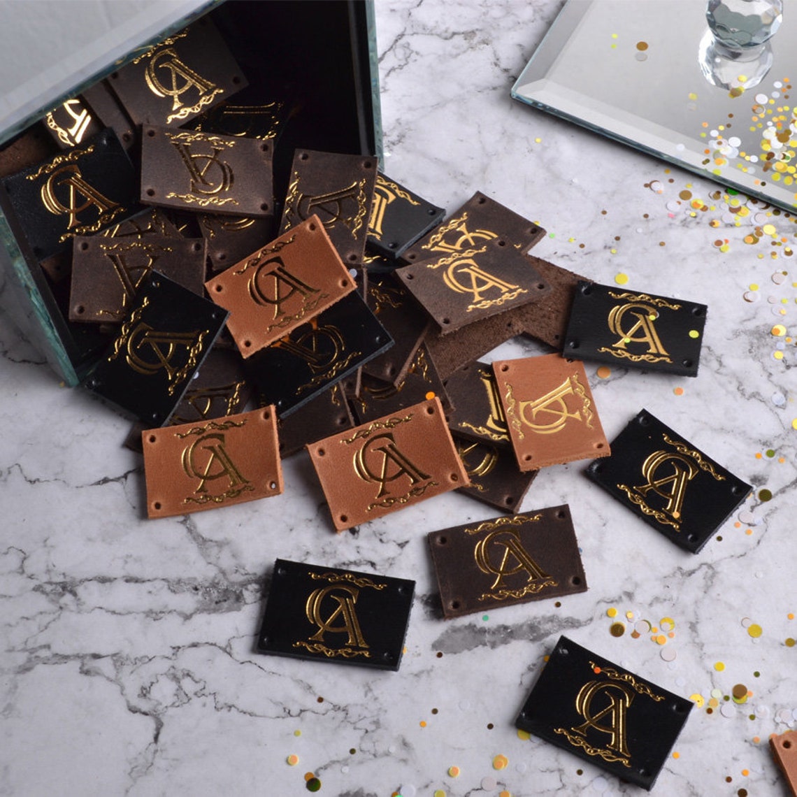 Leather sewn tags with your individual logo 3x2 cm custom Etsy