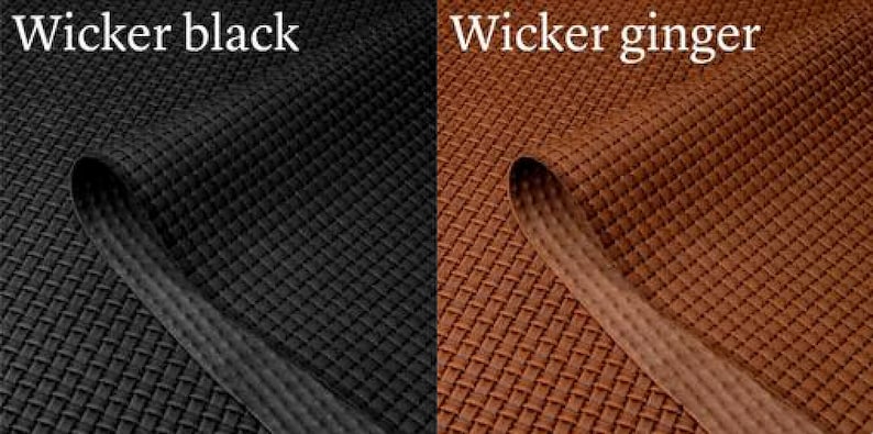 Puede incluir: Primer plano de dos muestras de tejido tejido. La muestra de la izquierda es negra y la muestra de la derecha es jengibre. El texto "Wicker black" est&aacute; sobre la muestra negra y el texto "Wicker ginger" est&aacute; sobre la muestra jengibre.