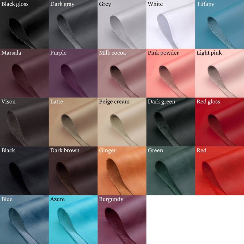 Op de afbeelding: Een kleurenkaart met 20 verschillende lederen swatches. De swatches zijn gerangschikt in een raster van 5 rijen en 4 kolommen. Elke swatch is gelabeld met zijn kleurnaam. De kleuren omvatten zwartglans, donkergrijs, grijs, wit, tiffany, marsala, paars, melkchocolade, roze poeder, lichtroze, vison, latte, beige cr&egrave;me, donkergroen, roodglans, zwart, donkerbruin, gember, groen, rood, blauw, azuur, bordeaux.