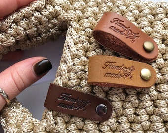 Custom faux leather tags with rivets, personalized eco faux leather folded labels, handmade tags for crochet and knitting items, 9x1.5 cm