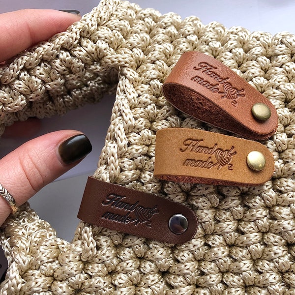 Custom faux leather tags with rivets, personalized eco faux leather folded labels, handmade tags for crochet and knitting items, 9x1.5 cm