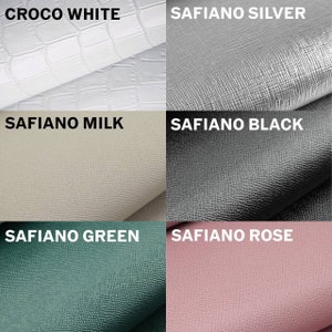 Puede incluir: Primer plano de cinco muestras de cuero diferentes. Las muestras est&aacute;n etiquetadas como "Croco White", "Saffiano Silver", "Saffiano Milk", "Saffiano Black" y "Saffiano Rose".