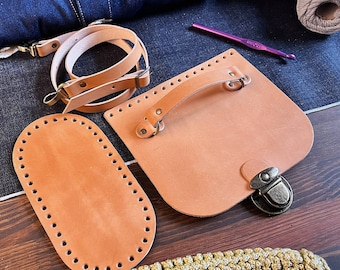 Leather kit made from vegetable tanned leather for crocheting and knitting bag, crossbody, veg tan leather base for DIY handmade bag