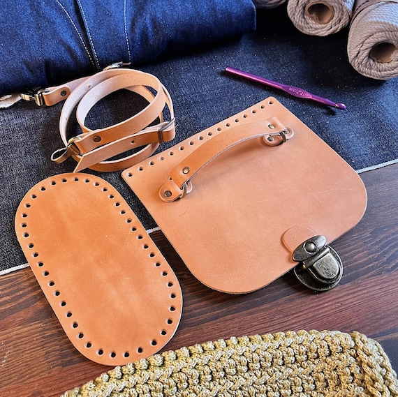 Leather kit made from vegetable tanned leather for crocheting and knitting bag, crossbody, veg tan leather base for DIY handmade bag