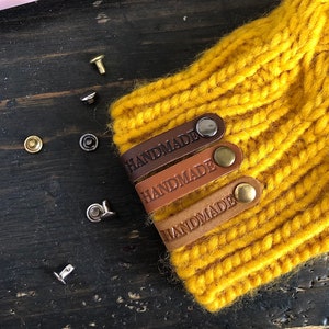 Personalized faux leather tags on rivets, easy attached faux leather folded labels, handmade tags for crochet and knitting items, 8x1 cm