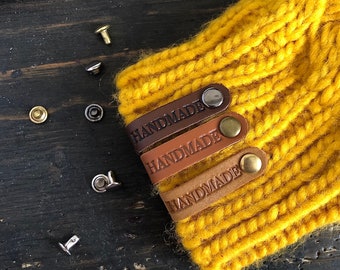 Personalized faux leather tags on rivets, easy attached faux leather folded labels, handmade tags for crochet and knitting items, 8x1 cm