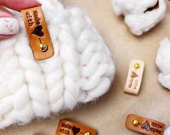 Personalized custom leather tags for knitting and crochet handmade items, custom vegetable tanned leather folded rivet tags, tags on screws