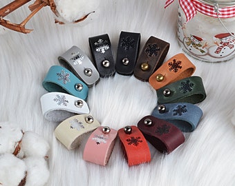 Leather tags with snowflake winter knitting logo, labels for crochet clothes, warm hats, sweaters, knitting bags, tag with rivets for yarn