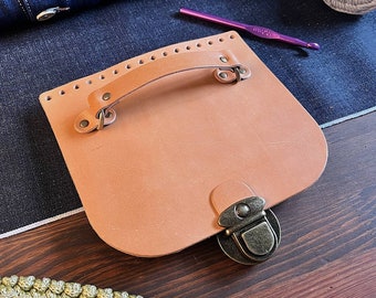 Vegetable tanned leather valve for chrochet bag with bucke, leather base for crochet and knitting crossbody with handle 20x18 cm