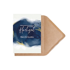 Glückwunschkarte zur Hochzeit inkl. Umschlag | blau-gold | 12,0 x. 17.0 cm | personalisierbar