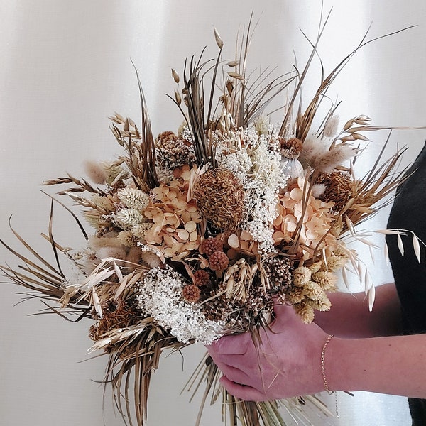 Bouquet en fleurs séchées, accessoire de décoration naturel, composition de fleurs blanches et dorés, fleur blanc et or