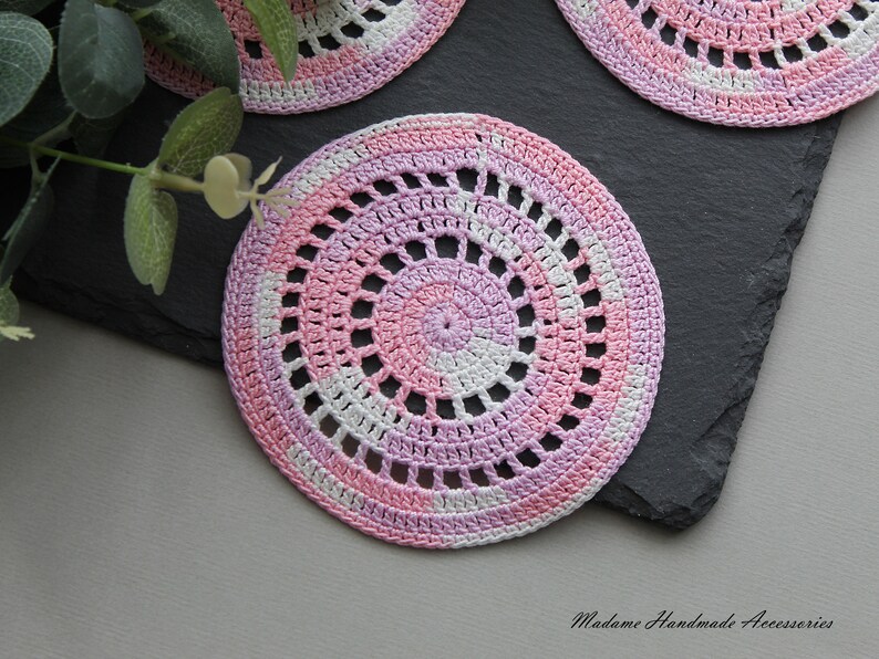 Pink coasters handmade spring home decor decorative crochet set of 4