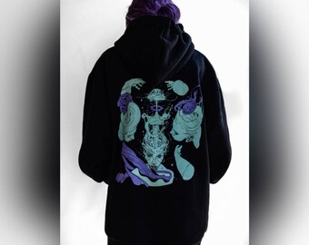Rotten Halo unisex warm zipper hoodies.&quot;Override&quot;, a fight between heart and mind.Turquoise and purple fantasy design by Giovanni Maistro.