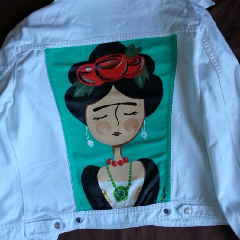 Hand painted Denim jacket unique acrylic painting handmade with Frida Kahlo art